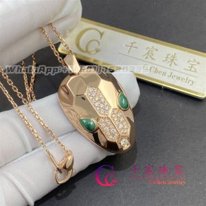 Bulgari Serpenti Seduttori 18k Rose Gold Diamond & Malachite Pendant Necklace