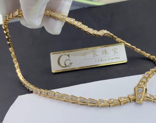 Bulgari Serpenti Viper Yellow Gold Full Diamond Pave Snake Necklace