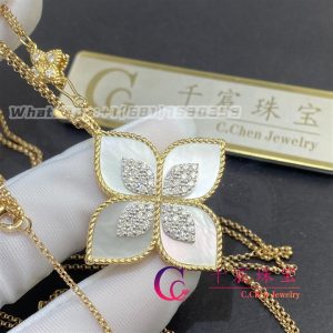 Roberto Coin Princess Flower Pendant Yellow Gold with mother of pearl and diamonds Large Version 34mm