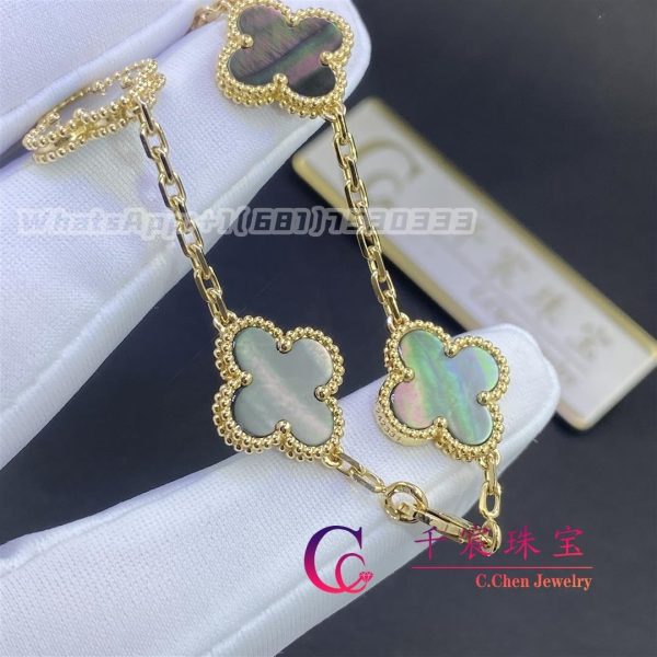 Van Cleef & Arpels Vintage Alhambra Bracelet 5 Motifs Grey Mother Of Pearl Yellow Gold