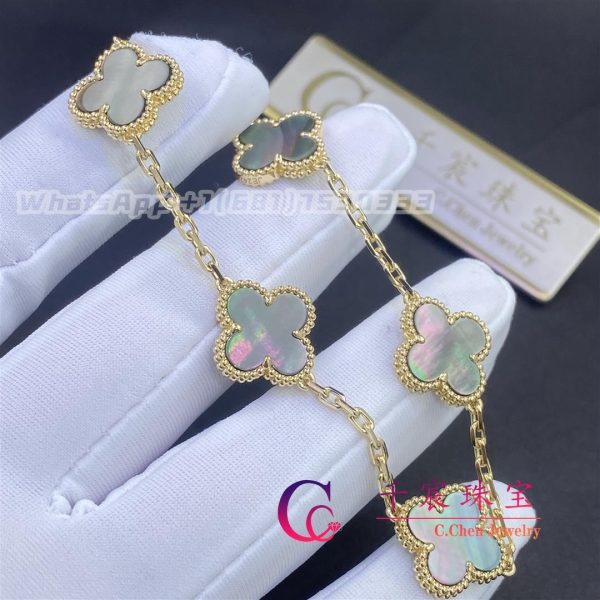 Van Cleef & Arpels Vintage Alhambra Bracelet 5 Motifs Grey Mother Of Pearl Yellow Gold