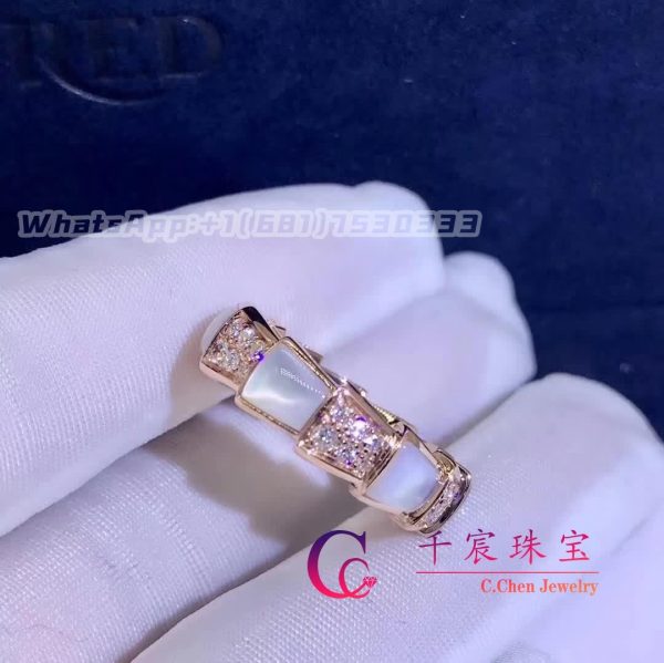 Bulgari Serpenti Viper Band Ring 18K Rose Gold Mother Of Pearls And Pavé Diamonds Ring 353236