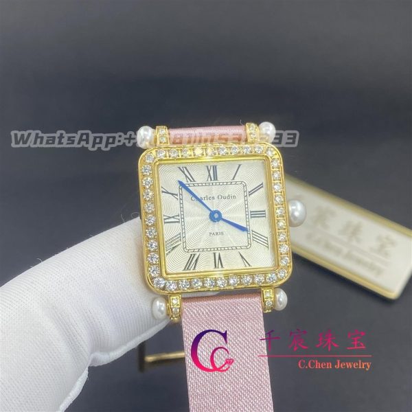Charles Oudin Pansy Retro with Pearls Yellow Watch Medium 24mm Pink Straps