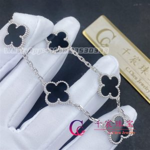 Van Cleef & Arpels Vintage Alhambra Bracelet 18k White Gold Onyx 5 Motif Bracelet